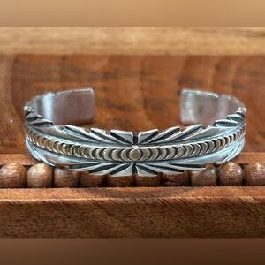 Vintage Navajo Sterling Silver 925 and 14k Gold Cuff Bracelet